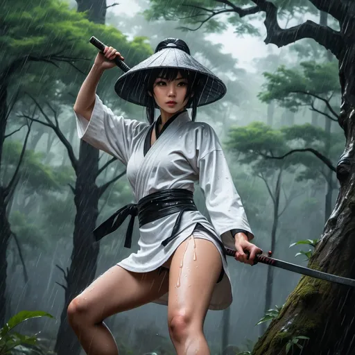Prompt: 4k ,oil painting ,fantasy, high resolution ,artistic,modeling, a female ninja holds sword,she leans against a tree,black hair,she wears rain chinese  hat , long white ninja outfit , white short skirt reveals legs, low angle shot ,focus on legs ,thigh,dynamic , wind ,forest,rain,dark area , 