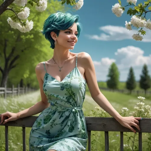 Prompt: 4k , high resolution , glamour photography , art photography , digital painting ,achromatic colors ,trees ,beautiful calm place ,peaceful ,blue sky, flowers are blooming ,spring season , an attractive woman leaning against fence in modeling pose ,she enjoys the freedom of the nature , smiles , blue pixie hair , green floral mini dress  , earrings , necklace  , low angle pose , legs  , close up 