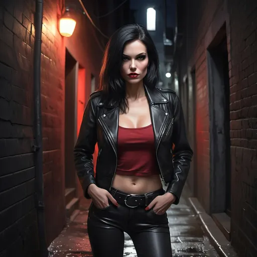 Prompt: digital painting of a 47 years old woman(Oval-shaped face,High cheekbones ,Slim jawline,Straight nose ,Full lips  )  wall in a dark alley way ,she is posing for a picture , black leather jacket , red tube top , black shorts with a belt (silver skull buckle) ,long black straight  hair , nighttime , dramatic lighting on the woman , eerie atmosphere  