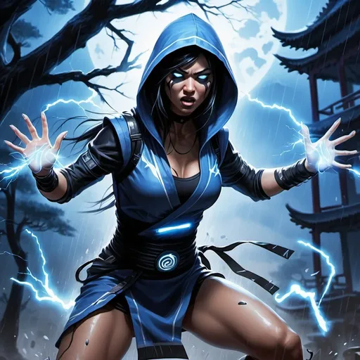 Prompt: 4k ,oil painting,achromatic ,fantasy, high resolution ,artistic,modeling,mortal kombat character , a female ninja throws an thunder magical balls,thunder lights in background ,blue light caused by the thunder,she leans against a tree,black hair,she wears a hood , long blue ninja outfit , white short skirt reveals legs, low angle shot ,focus on legs ,thigh,dynamic , wind ,rain,old chinese temple  , powerful look, throwing stance , angry face ,electric white eyes  , she is screaming , electric aura around the female ninja