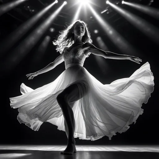 Prompt: <mymodel>
4k  , high resolution,artistic ,black and white color shot ,digital painting , a woman in short white dress is dancing on dark stage , close up , energetic dance , lights shine on the dress , dynamic , dramatic dance , low angle shot , hologram 