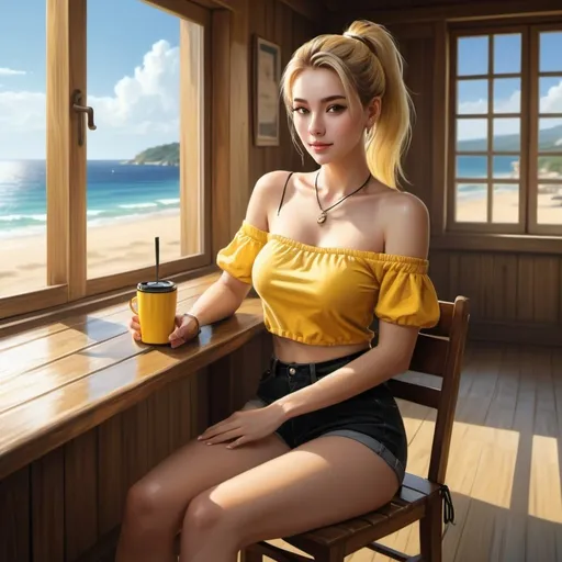 Prompt: a woman is sitting in wooden chair , wooden table ,parquet, yellow cup of coffee on the wooden table ,window , beautiful view , sea ,sand, high resolution , 4k , digital painting , realism , the woman wears black shorts , yellow off shoulder top ,blonde hair , ponytail ,necklace , legs , artistic photography ,light and shadow photography 