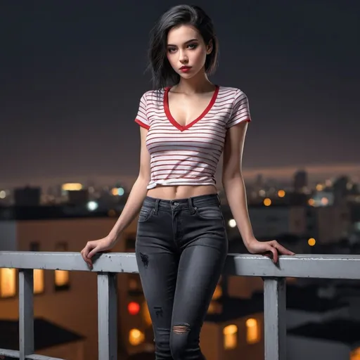Prompt: 4k , high resolution , detailed ,fashion photography ,digital painting , dramatic ,bright colors, realism ,professional, lights on the woman , art photography,neglected rooftop,urban view, night, a woman standing near the railing in modeling pose,  gray and black hair mixed,   ,white v neck shirt with red stripes on the v  , black skinny jeans , portrait , legs , low angle shot ,