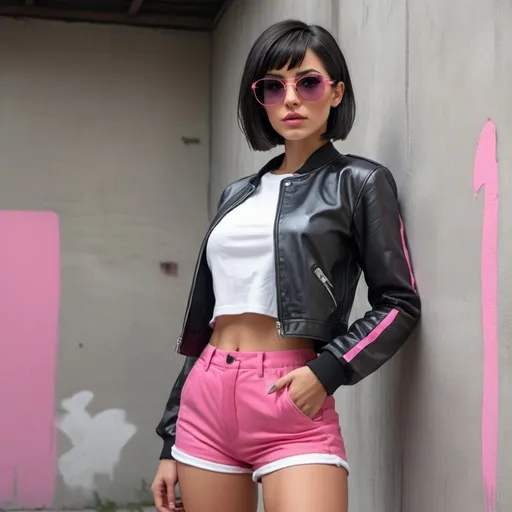 Prompt: 4k , high resolution , detailed , photo,digital painting  , bright colors , realism , artistic ,professional , a woman stands and there is a concrete wall behind her , modeling stance , black hair , bob haircut , opened black jacket , white crop top shirt , pink shorts ,sunglasses ,mirrored lens , pink temple, close up , portrait ,