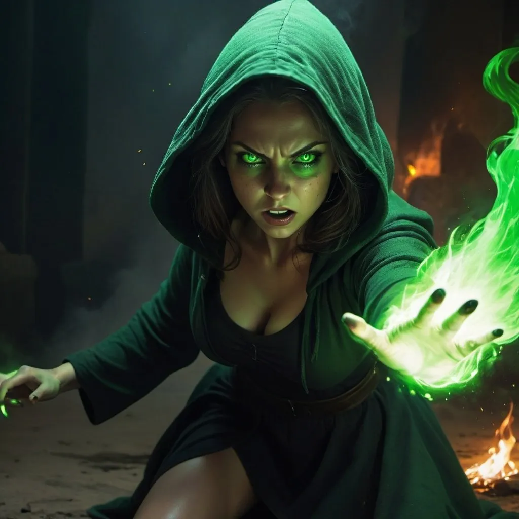 Prompt: 4k , high resolution,fantasy , digital painting , illustration , mythology , dark place  , dirt floor , a witch , she is throwing the green fire   , green aura around the woman , black hood , glowing green eyes , slit skirt , barefoot  , portrait , close up on woman  , detailed face , combat stance , she is throwing the green fire , low angle shot , powerful stance , she looks angry and trying hard to fight 