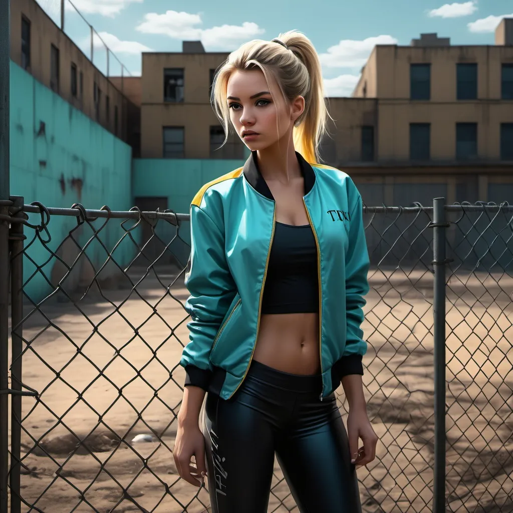 Prompt: (4K, high resolution, ultra-detailed) art photography , fashion , digital painting , (dark dramatic colors),,urban scene, old muted building , sandy surroundings,chain-link fence , woman wearing a (Tiffany blue mixed yellow  jacket), (white shirt ), (black leggings ), blonde hair(ponytail),  she is standing near the fence(confident pose), emphasize the colorful clothing against the muted buildings , realistic colors on buildings,sunlight shines the woman