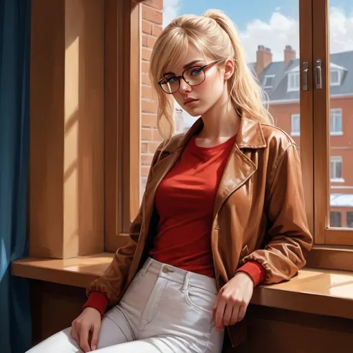 Prompt: 4k , high resolution , detailed room ,  digital painting  , caramel wall  , an elegant stands near the window , book on the windowsill , ,blond hair , bangs hairstyle , glasses , blue eyes, she wears brown opened jacket and red crop top shirt under the jacket , white tight long pants , 