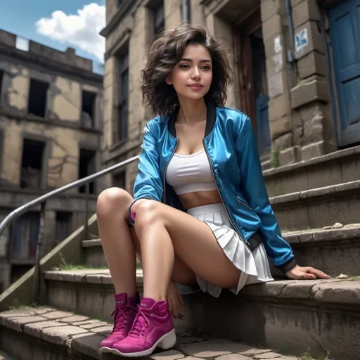 Prompt: neglected building ,old street,cracked illuminated stone wall ,sky , a woman sitting on the stairs in modeling pose , blue jacket , fuchsia crop top shirt , white , miniskirt , brown skin , curly black and gray mixed hair  ,legs , 4k , glamour photography , high resolution , digital painting , detailed features , photorealism , dark colors , art photography , close up the woman , low angle shot , smile , good composition 