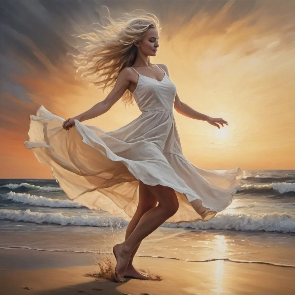 Prompt: 4k ,oil painting , high resolution ,artistic, achromatic colors , sea , sunset , sand , a woman is dancing ,good mood, fun,joy, white cream short dress , blonde long hair  ,dynamic, dress moves while dancing , low angle shot , , good composition , strong wind , 