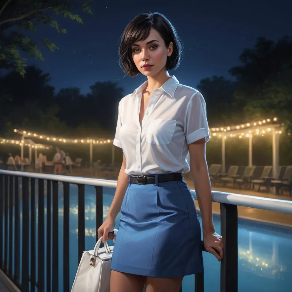 Prompt: 4k, high resolution, digital painting, professional, detailed features, night park scene, illuminated pool ,safety railing, woman leaning against railing,
40 years old , black bob haircut , elegant white shirt , blue skirt , she hold expensive white bag ,
 illuminated water, 
lights, atmospheric lighting, confident pose 