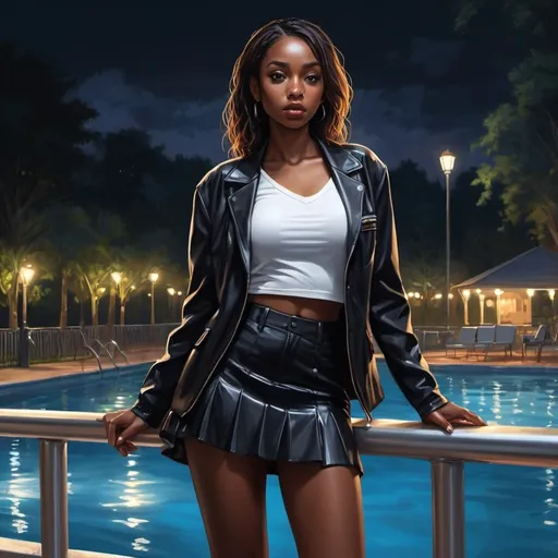 Prompt: 4k , high resolution , digital painting , professional , detailed features , park , pool safety railing , night , lights around the pool , woman leaning against the railing , illuminated water , 
black skin , she wears black jacket , white shirt , black miniskirt , 