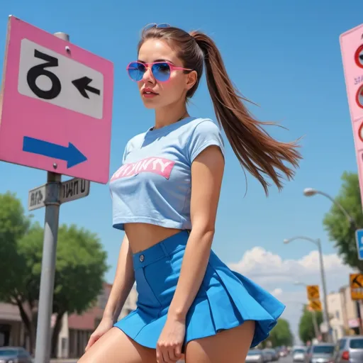 Prompt: 4k,oil painting,high resolution,professional, bright colors , blue sky,modeling ,low angle shot , woman is modeling  ,she is standing near a street sign,pony tail haircut,brunette hair,pink miniskirt ,blue crop top shirt ,focus on legs ,she wears sunglasses , mirrored lens, close up , portrait , she jumps