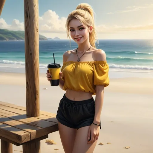 Prompt: a woman stands next to wooden pole and holds coffee from yellow cup ,wooden table ,window , beautiful view , sea ,sand, high resolution , 4k , digital painting , realism , the woman wears black shorts , yellow off shoulder top ,blonde hair , ponytail ,necklace , legs , artistic modeling stance , modeling  photography  , close up , low angle shot ,dark colors , smile , portrait 
