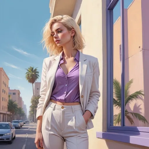 Prompt: 4k , high resolution , pastel colors,  contemporary ,digital painting , fashion , building , palm tree , road , urban settings ,blue sky,modern city , a pensive woman stands near a window , blonde hair , off white jacket , purple buttoned shirt , off white tight long pants ,close up , portrait 