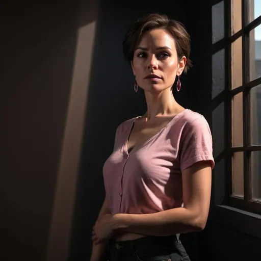 Prompt: low angle  ,full body shot of a 35 years old woman in a dark room, ,she stands in modeling pose  ,digital painting  ,black wall, sunlight streaming the woman  through
 a window, short brown hair , earrings , pink crop top shirt , black skinny jeans,  ,dark colors, 4k, high resolution, art photography,, intense lighting, dramatic shadows, natural light ,professional, detailed features , atmospheric lighting , 