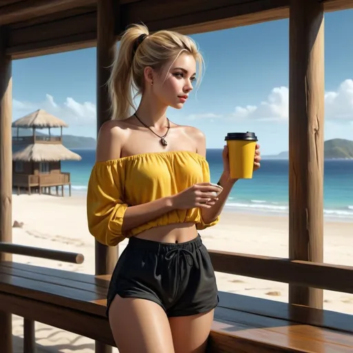 Prompt: a woman stands next to wooden pole and holds coffee from yellow cup ,wooden table ,window , beautiful view , sea ,sand, high resolution , 4k , digital painting , realism , the woman wears black shorts , yellow off shoulder top ,blonde hair , ponytail ,necklace , legs , artistic modeling stance , modeling  photography  , close up , low angle shot ,dark colors 