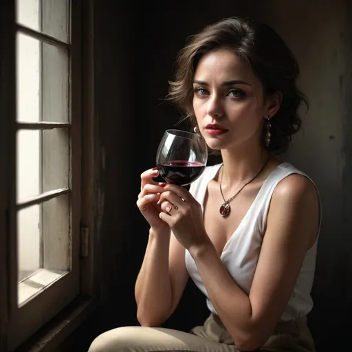 Prompt: high resolution , 4k , detailed face , dark colors , realism,expressionism , portrait , window with opened shutters , sad atmosphere, professional modeling photography ,promotional image , dark room , dark walls ,dramatic lighting , a woman sits and drinks red wine , white sleeveless shirt , khaki tight pants , necklace , earrings , sunlight shines the woman through the shutters 