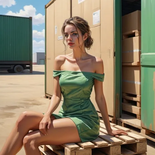 Prompt: 4k , high resolution , hyperrealism , industrial ,digital painting , expressionism , sand , cartons , warehouse in background with  roller shutter door ,
a woman is sitting on pallet , off shoulder green mini dress , close up 