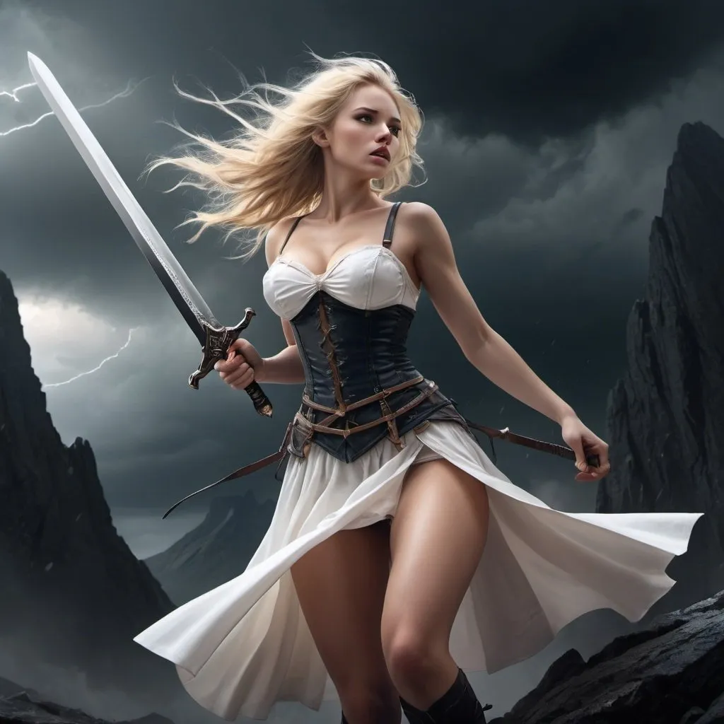 Prompt: 4k , high resolution ,fantasy, illustration , dark colors , artistic ,mountain, a woman rises up magical sword ,big storm caused by the magical sword , strong wind ,dark background, blonde hair , white corset , white short skirt revealing legs , low angle shot 