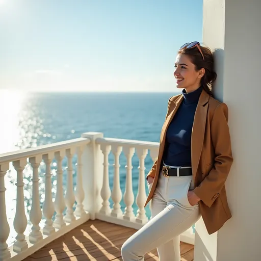 Prompt: 

Bathed in the soft glow of morning light, a woman leaning against white wall in a serene balcony overlooks the shimmering expanse of the ocean, where gentle waves meet the horizon , wearing opened brown jacket , navy blue turtleneck , off-white fitted pants with black belt (circular buckle) ,sunglasses atop her head
 , inviting relaxation and quiet conversation. The warm wooden flooring complements the light, airy ambiance, while the delicate railing evokes a sense of elegance against the backdrop of tranquil waters, creating a peaceful retreat perfect for unwinding under a clear blue sky
