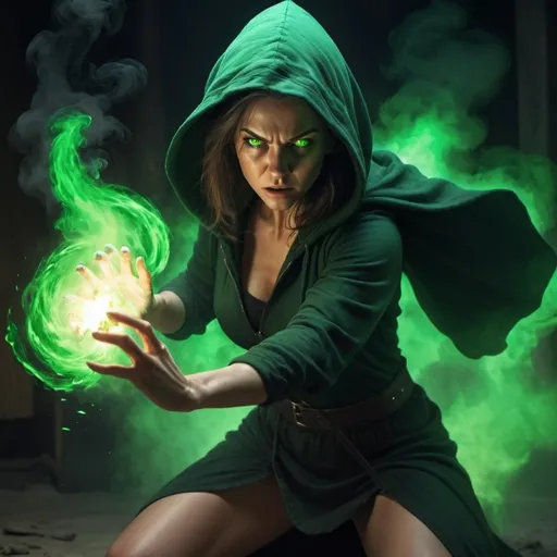 Prompt: 4k , high resolution,fantasy , digital painting , illustration , mythology , dark place  , dirt floor , a witch , she is shooting  green fire projectiles from her hands   , green aura around the woman , black hood , glowing green eyes , slit skirt , barefoot  , portrait , close up on woman  , detailed face , combat stance , she is throwing the green fire , low angle shot , powerful stance , she looks angry and trying hard to fight , dynamic hand move 