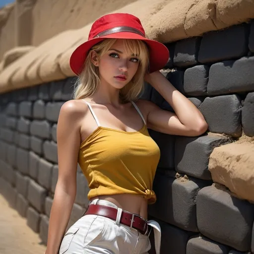 Prompt: 4k , high resolution . professional , realism ,dark colors ,glamour photography , art photography ,small stone wall,road, sand , a woman leaning against the wall in modeling pose , blonde air , off shoulder yellow sleeveless shirt , white cargo shorts , belt ,kettle brim red hat: , detailed features ,drama , low angle shot , wet skin , good lighting 