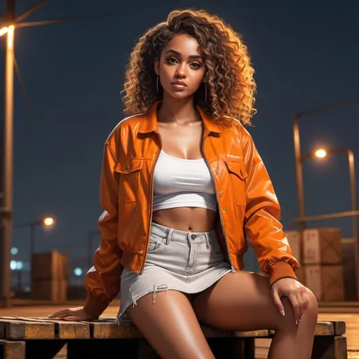 Prompt: 4k , high resolution , detailed , digital painting ,night ,street light, a woman sits on pallet, chain-link fence , modeling pose ,industrial , factory ,a neglected place , curly hair,brown skin ,she wears brownish orange jacket , white crop top shirt , gray miniskirt ,leg , good lighting , low angle shot 