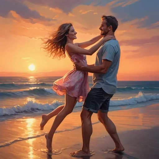 Prompt: 4k , high resolution , realism , digital painting , sea , sunset , expressionism , romantic scene ,artistic , a man is lifting his girl friend on his hands, she smiles , close up 
the woman wears mini dress , legs

