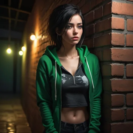 Prompt: 4k , high resolution , detailed features , , hyper realism , digital painting , dark colors , illuminated wall , glamour photography , art photography , dramatic lighting , night , intense lighting , raw ,
lonely woman with sad face standing near a brick wall,modeling pose, the lights shine the woman , black hair , green zip-through opened  hoodie , crop top shirt , skinny jeans , legs , close up , good composition 