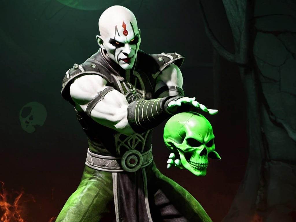 quan chi holds a green skull of his hands show full...