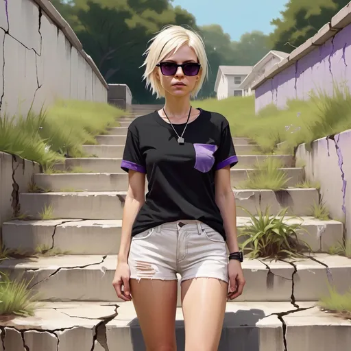 Prompt: a digital painting of  a woman in standing near off-white cracked stairs , dirty and neglected  area  , Grass (or weeds) growing out of the stairs or from the cracks in the stairs, outdoors ,  , she is wearing black t-shirt with purple trim around the sleeves and the neckline , white shorts , blonde pixie hair , sunglasses with mirrored lens and purple temples , earrings  , high resolution 