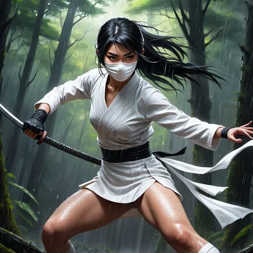 Prompt: 4k ,oil painting ,fantasy, high resolution ,artistic,modeling, a female ninja holds sword,black hair,she wears white ninja mask on her face , long white ninja outfit , white short skirt reveals legs, low angle shot , fight stance ,dynamic , wind ,,forest,rain,dark area , 