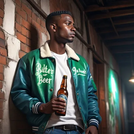 Prompt: 4k , high resolution , digital painting , modeling , neglected ally , dramatic colors, old building wall , led lights above the man , a man is holding a bottle of beer  ,dark skin, mid fade haircut , opened green letter jacket , white under shirt , blue jeans , close up on the man , low angle shot 