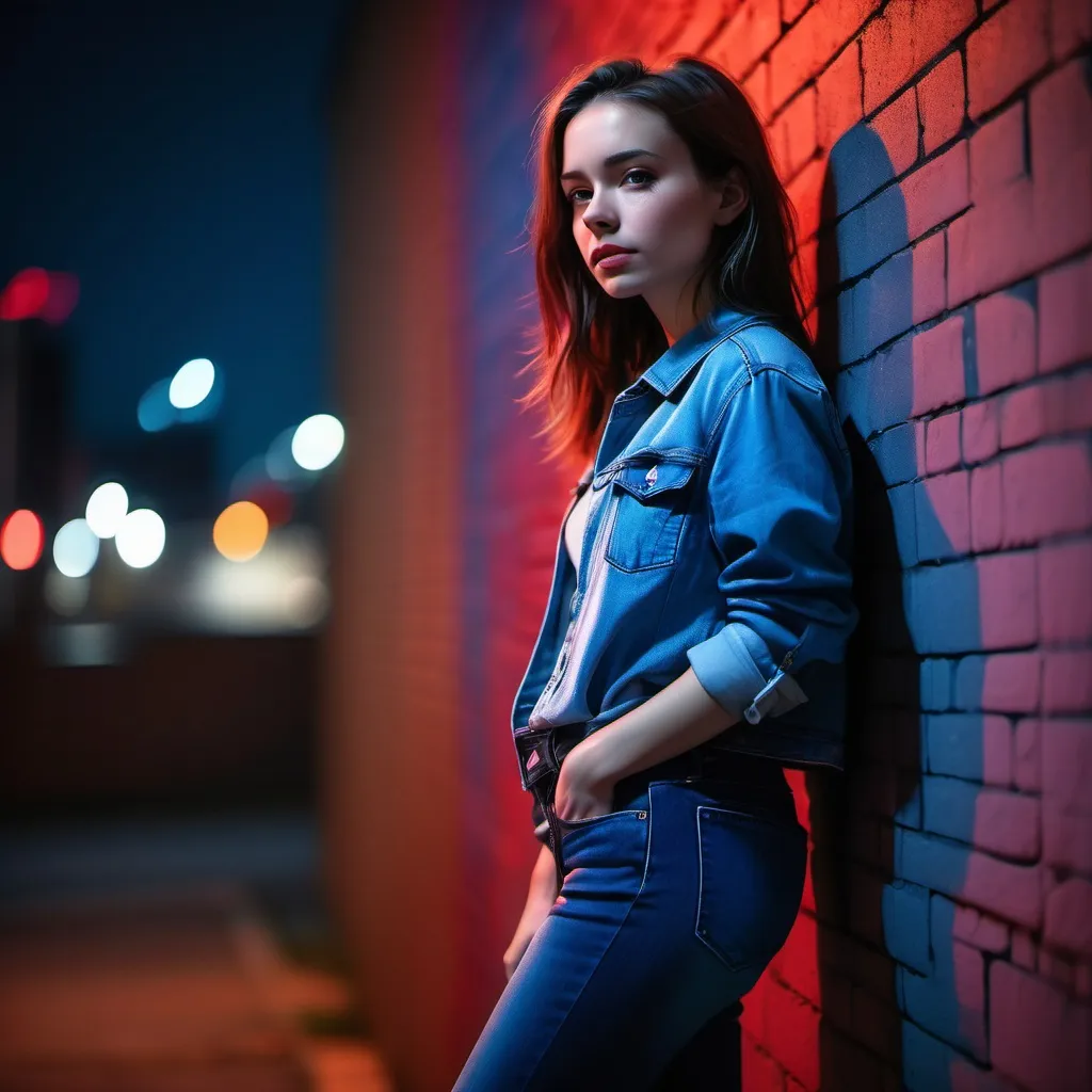 Prompt: A full-body portrait of a woman(jeans) standing near an urban wall at night, illuminated by dramatic red and blue lighting. She leans slightly against the wall with a visibly depressed or introspective expression. Her entire body is visible, from head to toe, with her outfit and posture contributing to the emotional tone. The background features soft bokeh city lights, enhancing the cinematic and moody atmosphere. The focus captures her legs and overall pose, adding depth to the composition