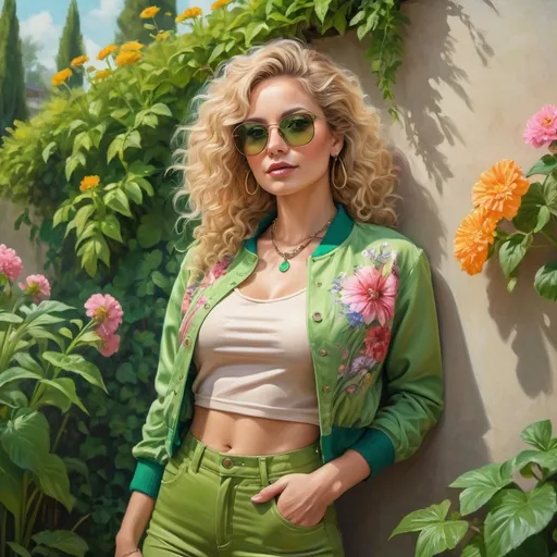 Prompt: 4k , high resolution , art photography , oil painting , hyper realistic painting, fashion ,detailed features , beautiful garden,grass , bright colors ,a 35 years old woman leaning against the  wall with flowers around her ,modeling pose , blonde curly hair , beige floral jacket , green crop top shirt , green tight pants , green sunglasses ,necklace ,