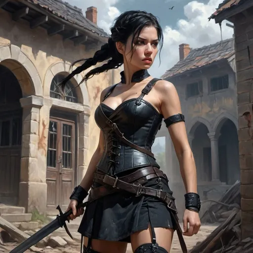 Prompt: 4k , high resolution , oil painting , artistic ,fantasy ,modeling , dark color ,nature , a woman  ,she is standing near old building ,   black hair , braid hairstyle , 
  scar near the eye , wounds , short black skirt with belt , weapons on belt , black combat corset,shields on both shoulders  , action , dynamic , combat stance , low angle shot