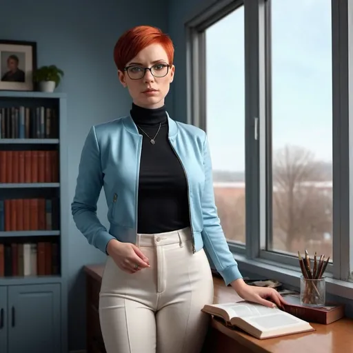 Prompt: 4k , high resolution , digital painting , art photography , glamour photography ,detailed features , office , shelf with book , a woman standing near a window , red hair , buzz cut haircut , glasses , light blue small jacket , black turtleneck , off white long pants , the woman is 38 years old , she is powerful , confident , she stands with crossed hands , good composition 