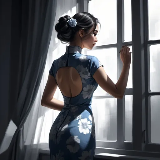 Prompt: 4k , high resolution , digital painting , artistic , achromatic grays , dark empty room, window , modeling , a asian woman holds beautiful fans, hair buns  hairstyle , blue qipao dress , model stance , sunlight shines the woman through the window , low angle shot , expressionism 