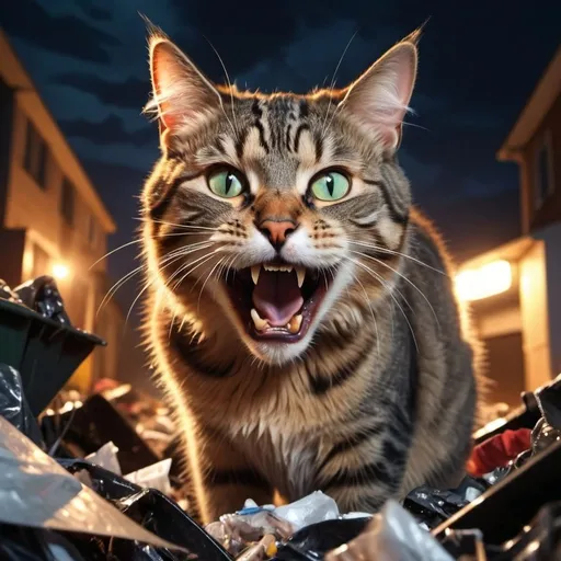 Prompt: 4k, high resolution, digital painting, dramatic colors,intense lighting , night ,detailed features, art photography, cat exposes his teeth in trash  trash yard , , detailed facial expression, low angle shot, good composition, professional lighting, 
