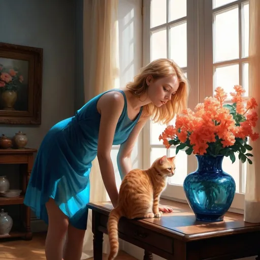Prompt: 4k , high resolution , detailed , digital painting , realistic painting , dark room , window shutters,woman, a blue transparent vase on table , coral flowers on vase , curious ginger  cat stands near the vase .
a blonde woman stands near the vase,
sunlight shines the room