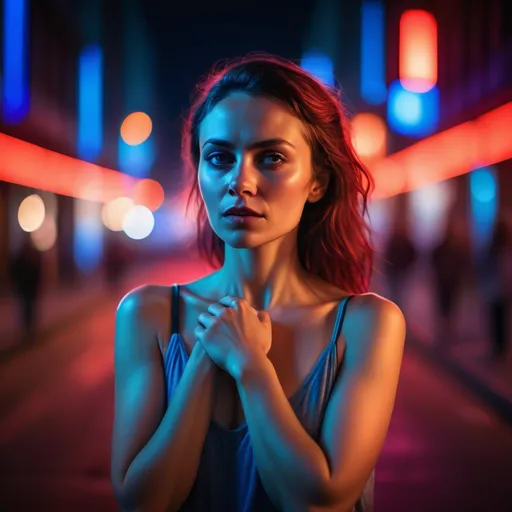 Prompt: Portrait of a woman standing in an urban street at night, illuminated with dramatic red and blue lighting. She strikes a unique and expressive pose, showing confidence or introspection, with an emotional and captivating facial expression. The scene reveals more of her body, including her hands or arms in a dynamic gesture, while the background features a soft bokeh effect of colorful city lights. The atmosphere is cinematic, moody, and stylish."