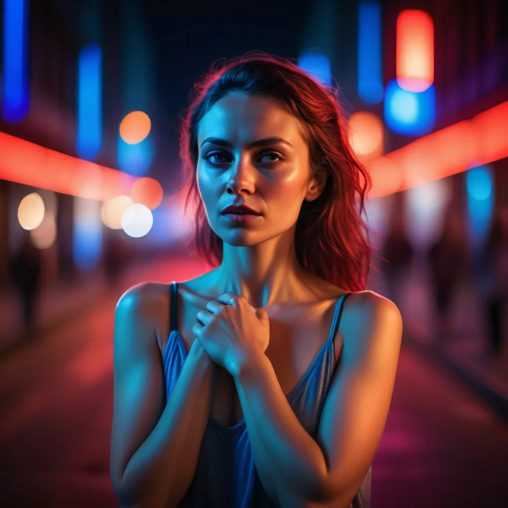 Prompt: Portrait of a woman standing in an urban street at night, illuminated with dramatic red and blue lighting. She strikes a unique and expressive pose, showing confidence or introspection, with an emotional and captivating facial expression. The scene reveals more of her body, including her hands or arms in a dynamic gesture, while the background features a soft bokeh effect of colorful city lights. The atmosphere is cinematic, moody, and stylish."