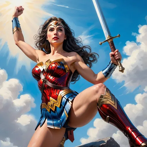 Prompt: 4k,oil painting,high resolution,professional, bright colors , blue sky,modeling , wonder woman is modeling  ,she is holding sword  ,show thighs  ,focus on legs , close up , portrait , view from the ground , low angle shot 