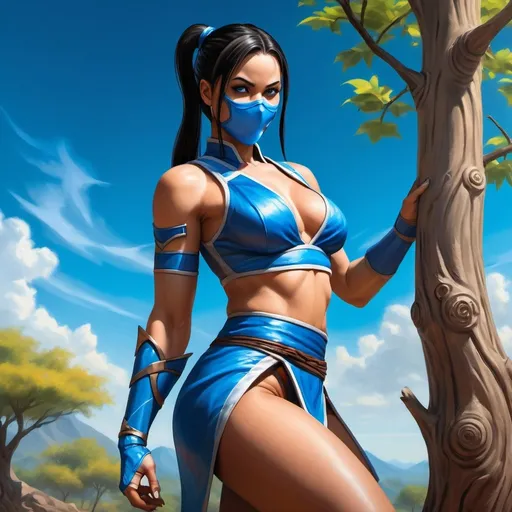 Prompt: 4k,oil painting,high resolution,professional, bright colors , blue sky,modeling  , kitana from mortal kombat video game is modeling,kitana's outfit from mortal kombat 9  ,she is standing near a tree, shirt ,focus on legs ,lens, close up ,blue mask covers only her mouth ,  portrait ,she holds a fan