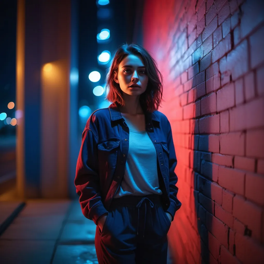 Prompt: A full-body portrait of a woman standing near an urban wall at night, illuminated by dramatic red and blue lighting. She leans slightly against the wall with a visibly depressed or introspective expression. Her entire body is visible, from head to toe, with her outfit and posture contributing to the emotional tone. The background features soft bokeh city lights, enhancing the cinematic and moody atmosphere. The focus captures her legs and overall pose, adding depth to the composition