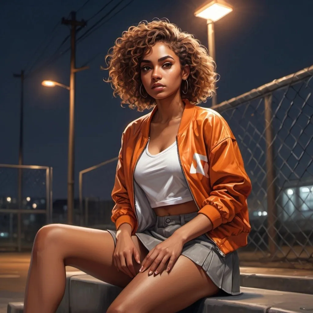 Prompt: 4k , high resolution , detailed , digital painting ,night ,street light, a woman sits next to chain-link fence , ,industrial , factory ,a neglected place , curly hair,brown skin ,she wears brownish orange jacket , white crop top shirt , gray miniskirt ,leg , good lighting 