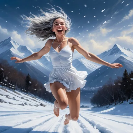 Prompt: 4k,high resolution,detailed,snow field,mountains, oil painting ,snowing , cold , realistic snowflake,wind,a young woman jumps ,long black and grey hair , mini white slit dress reveals legs , blue eyes , barefoot ,necklace, laugh, focus on legs , modeling , dark blue sky , pure , unique pose, freedom, good composition ,feet