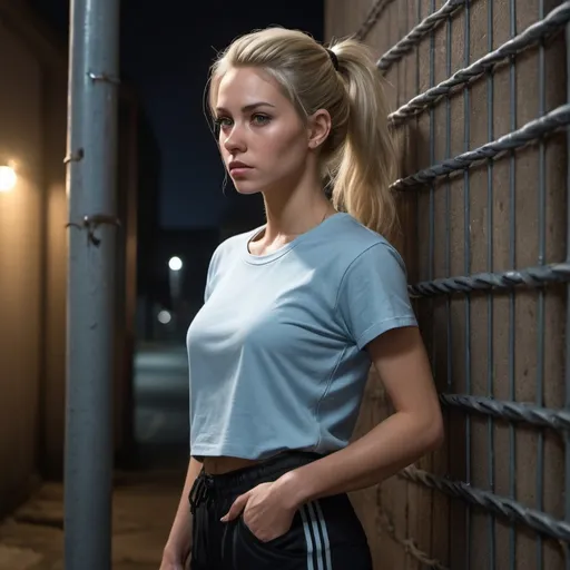 Prompt: photorealistic, (4K), (high resolution), nighttime street scene, (dramatic colors), (grim lighting), detailed old building , chain link fence nearby, (close-up) of a woman standing against the wall, light illuminating her, dressed in a light blue t-shirt and black training long pants with white stripes on the pants , blonde hair , ponytail , grim mode 