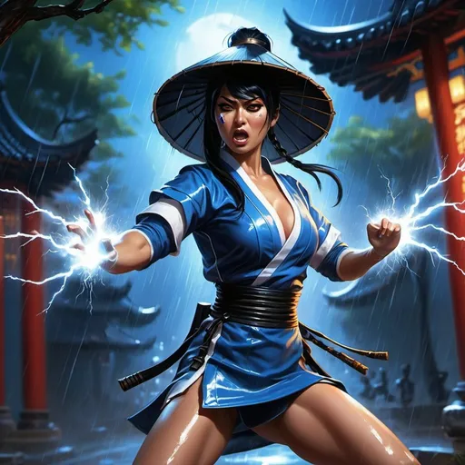 Prompt: 4k ,oil painting ,fantasy, high resolution ,artistic,modeling,mortal kombat character , a female ninja throws an thunder magical balls ,thunder lights in background ,blue light caused by the thunder,she leans against a tree,black hair,she wears rain chinese  hat , long blue ninja outfit , white short skirt reveals legs, low angle shot ,focus on legs ,thigh,dynamic , wind ,rain,old chinese temple  , powerful look, throwing stance , angry face ,electric white eyes  , she is screaming , electric skin 
