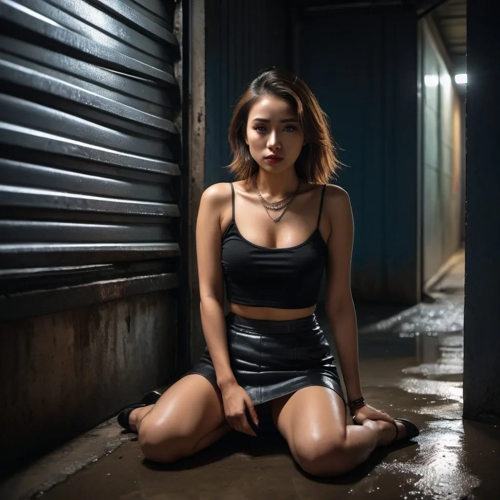 Prompt: 4k , high resolution ,professional ,art photography , dark colors , glamour photography , digital painting , parking loot ,philippines ,industrial area ,neglected street, roller shutter door , night, led lights , a woman sitting close to the wall, black crop top shirt  , black miniskirt   ,legs  , high heels , necklace , portrait , dramatic colors show that she is a loner , dramatic light , sadness , close up , led light above the roller shutter door ,light shine above the woman's skin , puddle 